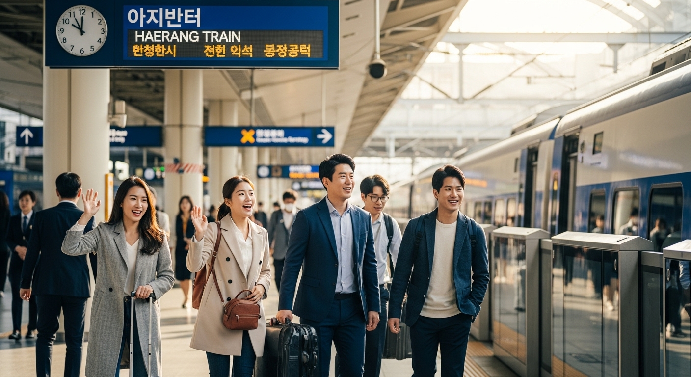 서울역에서 여행을 준비하며 설레는 모습의 현대적 여행자들