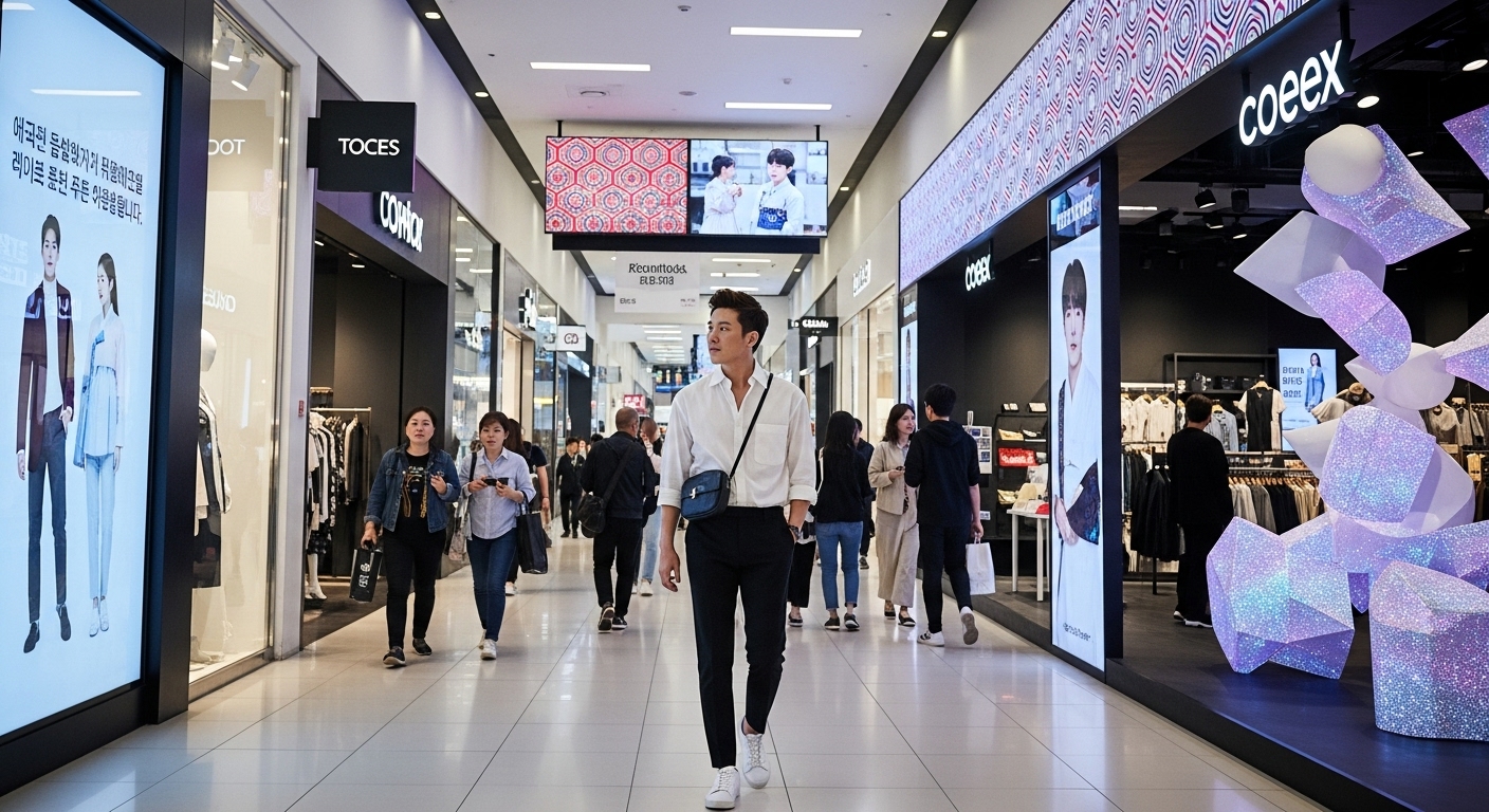 강남 코엑스를 천천히 걸으며 쇼핑과 문화를 동시에 즐기는 모습