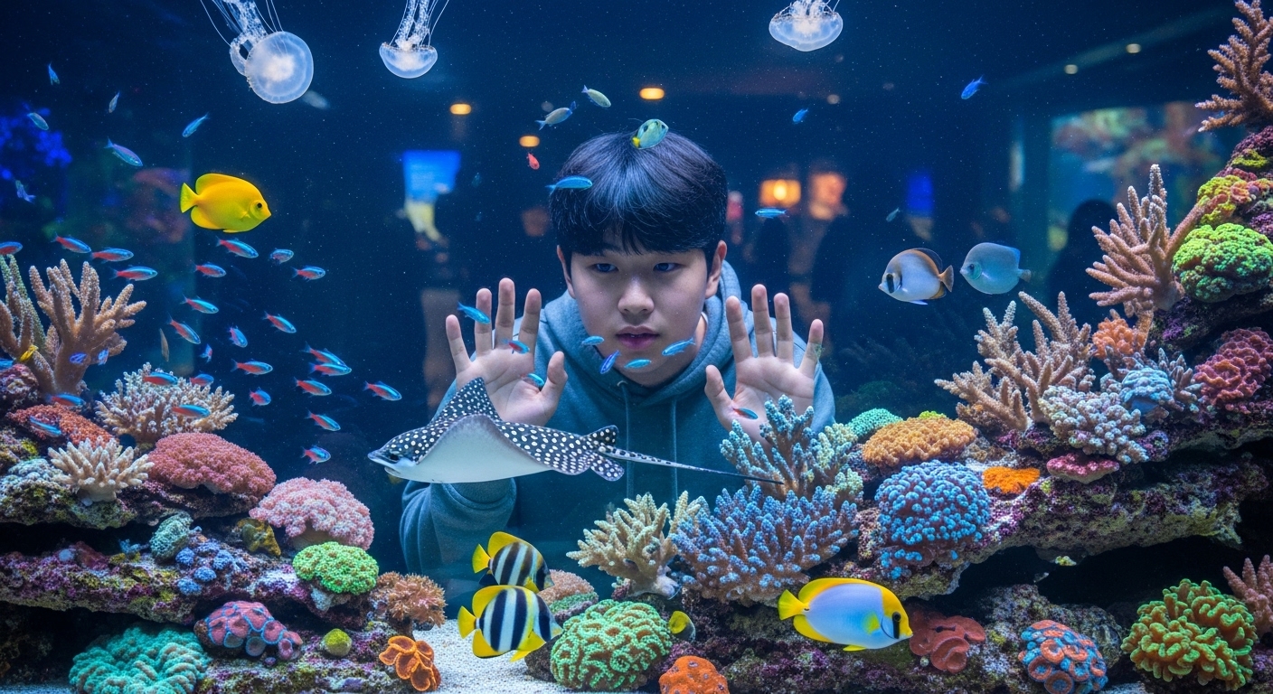 다양한 수중 생물을 관찰하는 호기심 많은 청소년의 모습