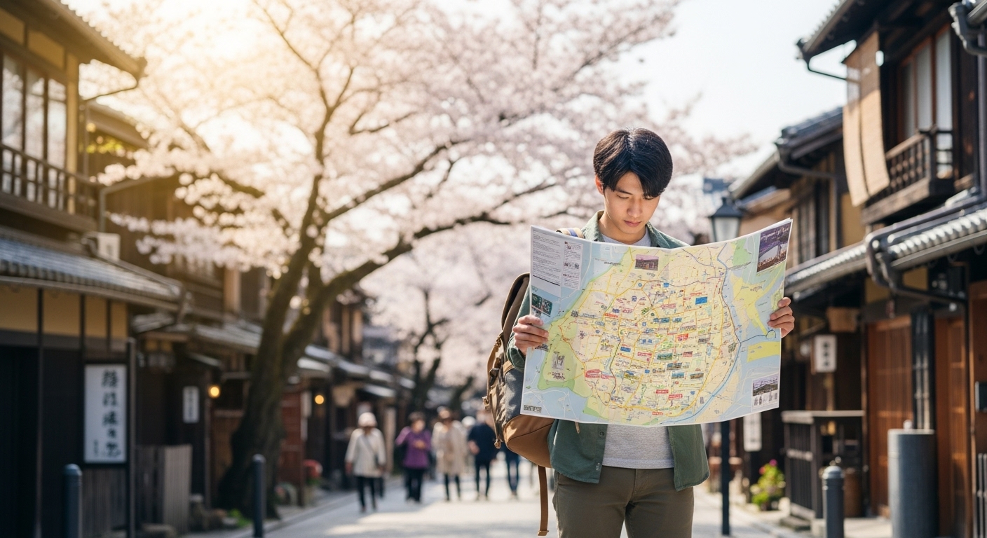 현대적인 여행자가 벚꽃이 핀 전통 일본 거리에서 마쓰야마 지도 확인하는 모습