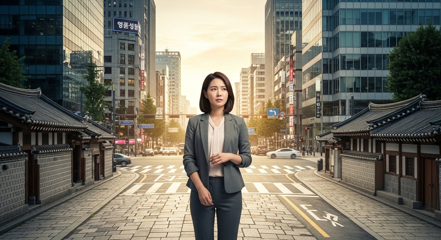 도심 속 교차로에서 가족 의무와 개인 자유 사이에서 갈등하는 젊은 여성