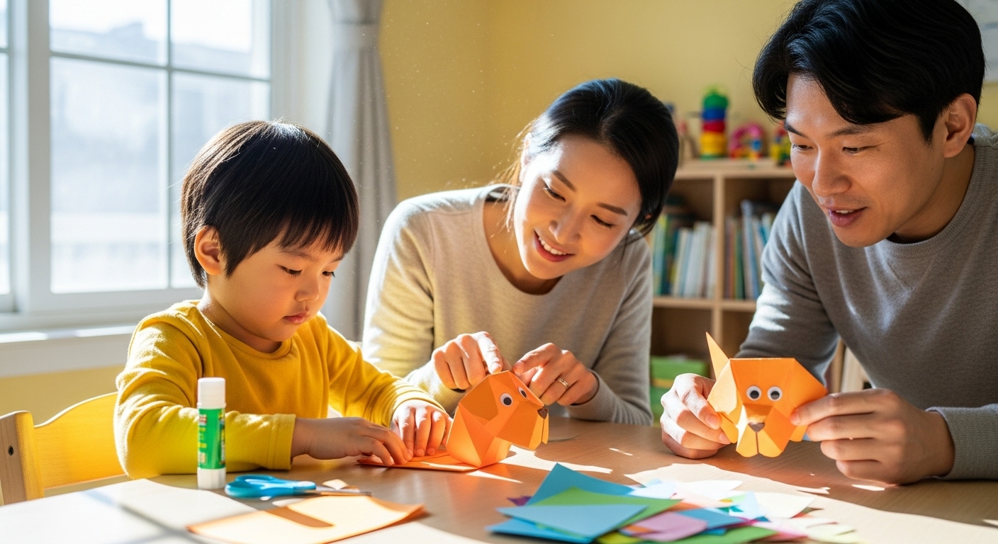 가족과 함께 밝은 방에서 색종이로 강아지를 만드는 어린이의 모습