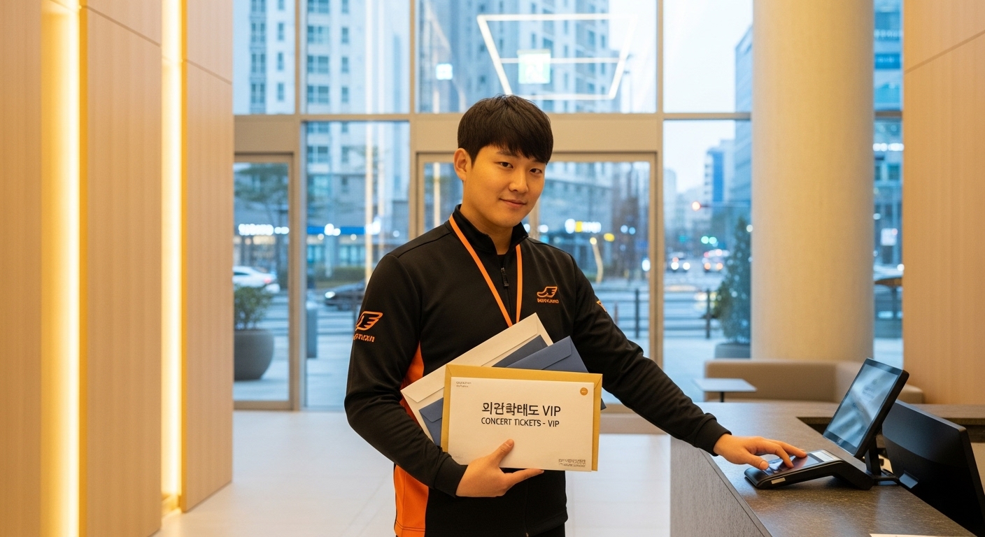 현대식 아파트 로비에서 콘서트 티켓을 배달하는 택배원