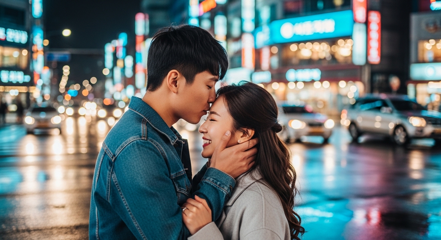 번화한 도시 교차로에서 충동적으로 사랑을 나누는 젊은 커플