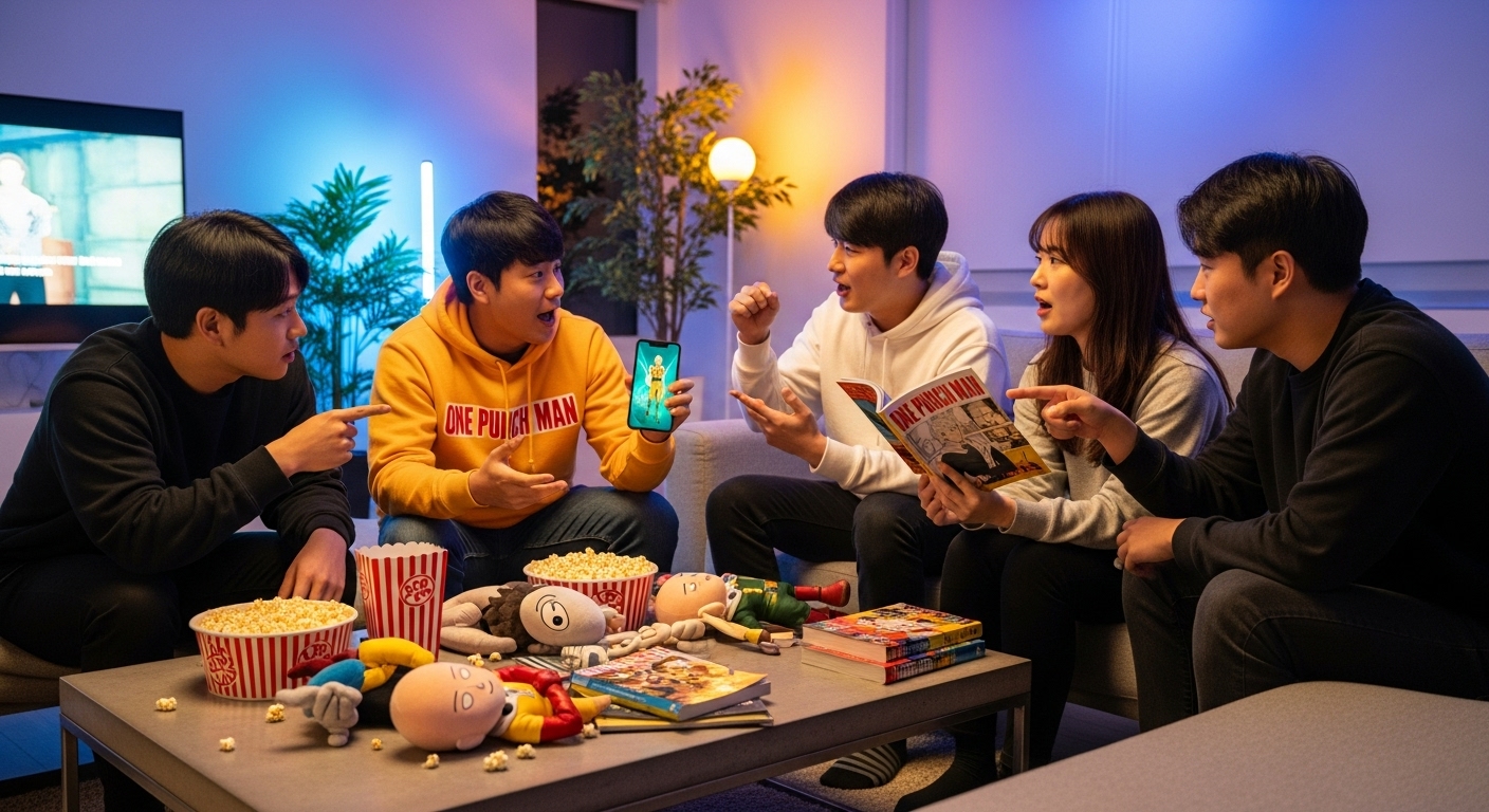 현대적인 거실에서 원펀맨 시즌을 이야기하는 한국 애니메이션 팬들