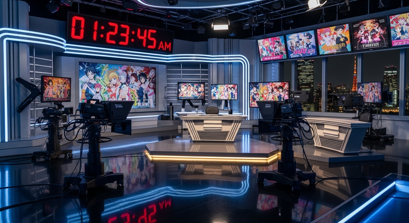 도쿄 TV 스튜디오의 밤 풍경과 애니메이션 포스터가 있는 디지털 시계