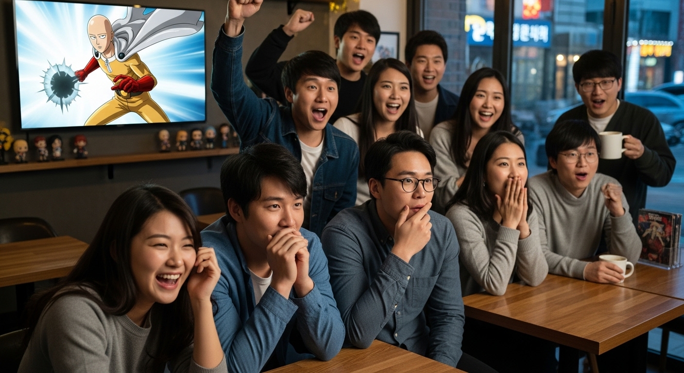 카페에서 다양한 감정을 표현하며 큰 화면으로 원펀맨을 시청하는 팬들
