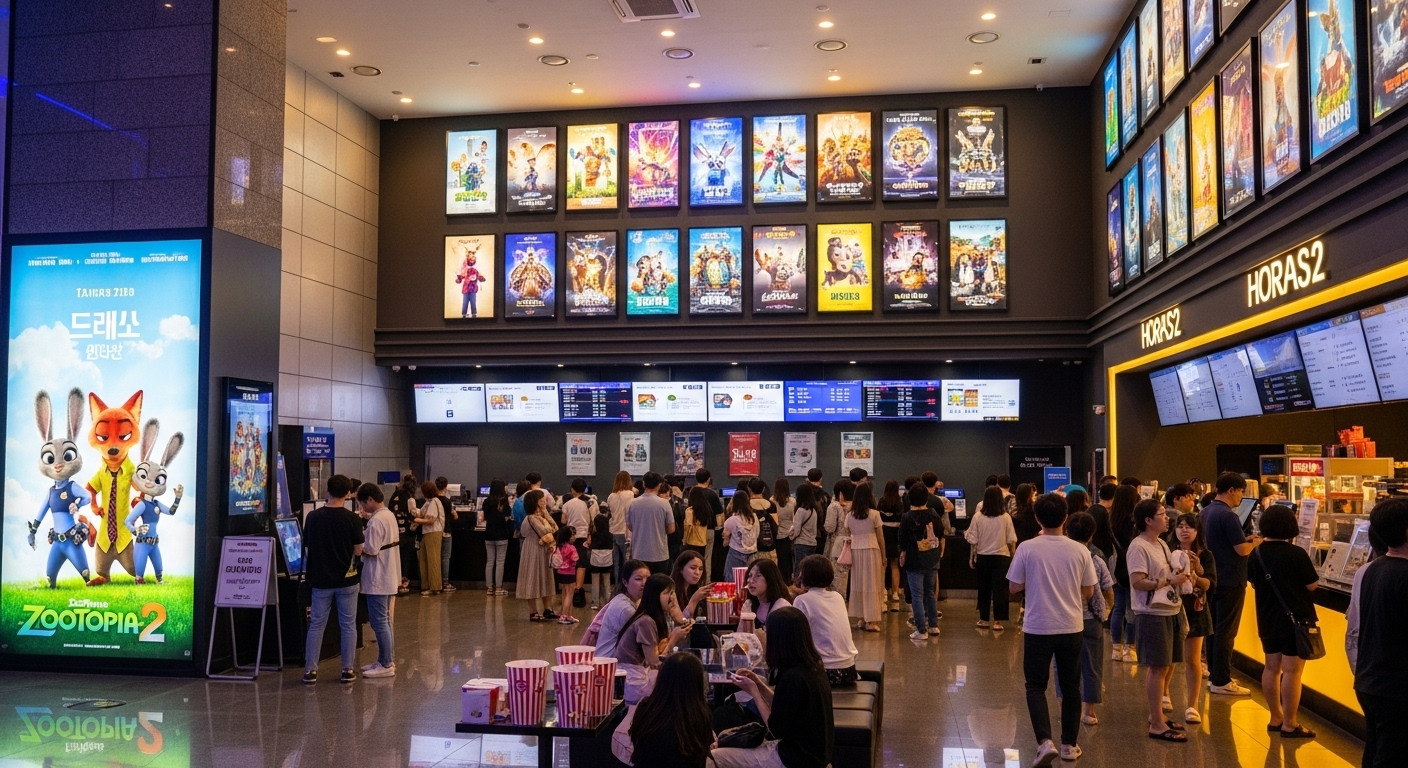 주말 동안 북적이는 한국 영화관 로비와 활기찬 매표소