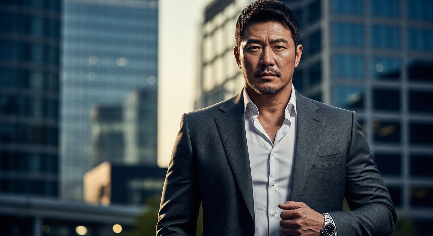 현대적 도시 배경에서 당당히 서 있는 중년 남성 배우의 모습