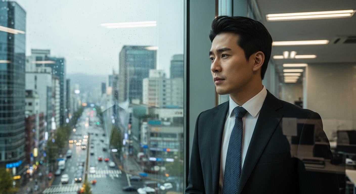 도심 속 창문을 통해 밖을 바라보며 생각에 잠긴 한국 직장인의 모습