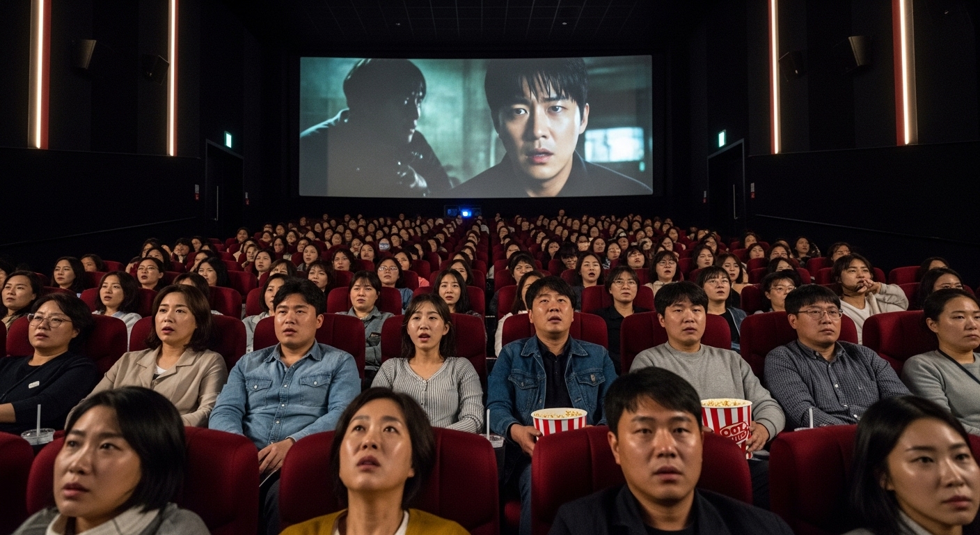많은 관객들이 스릴러 영화를 보고 있는 활기찬 극장의 모습