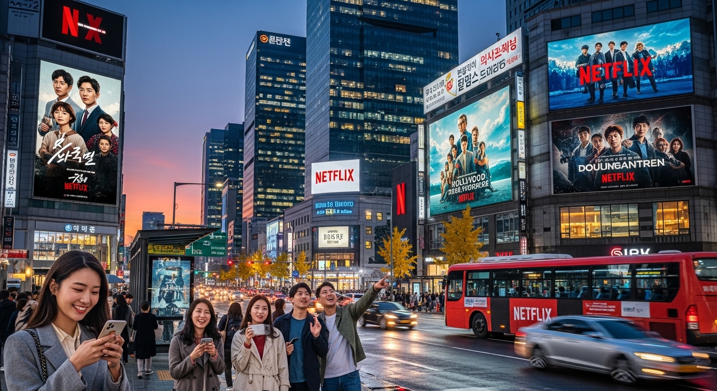 넷플릭스 광고판이 있는 현대 한국 도시 풍경과 사람들