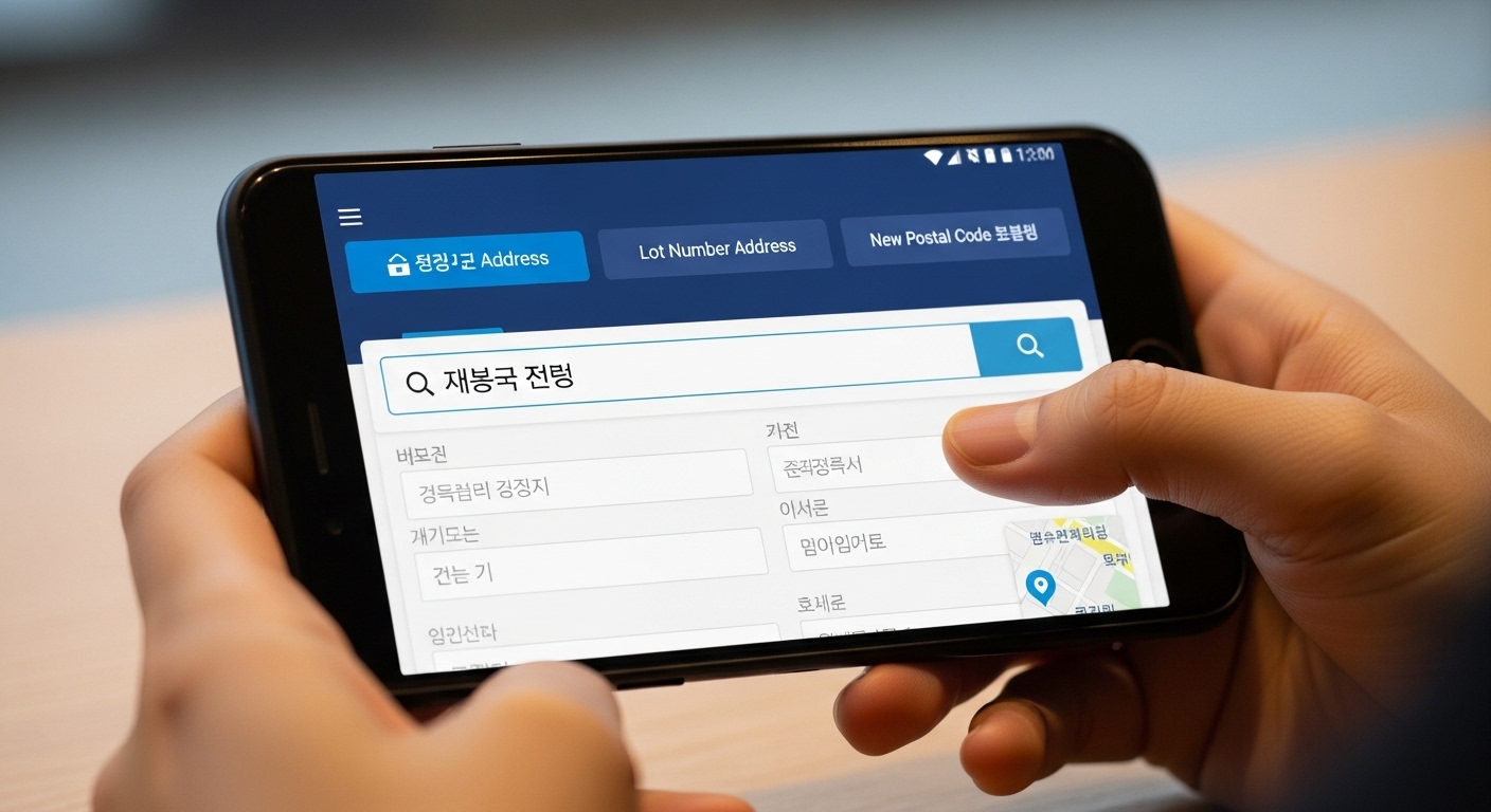 스마트폰으로 포털 사이트에서 우편번호를 확인하는 모습
