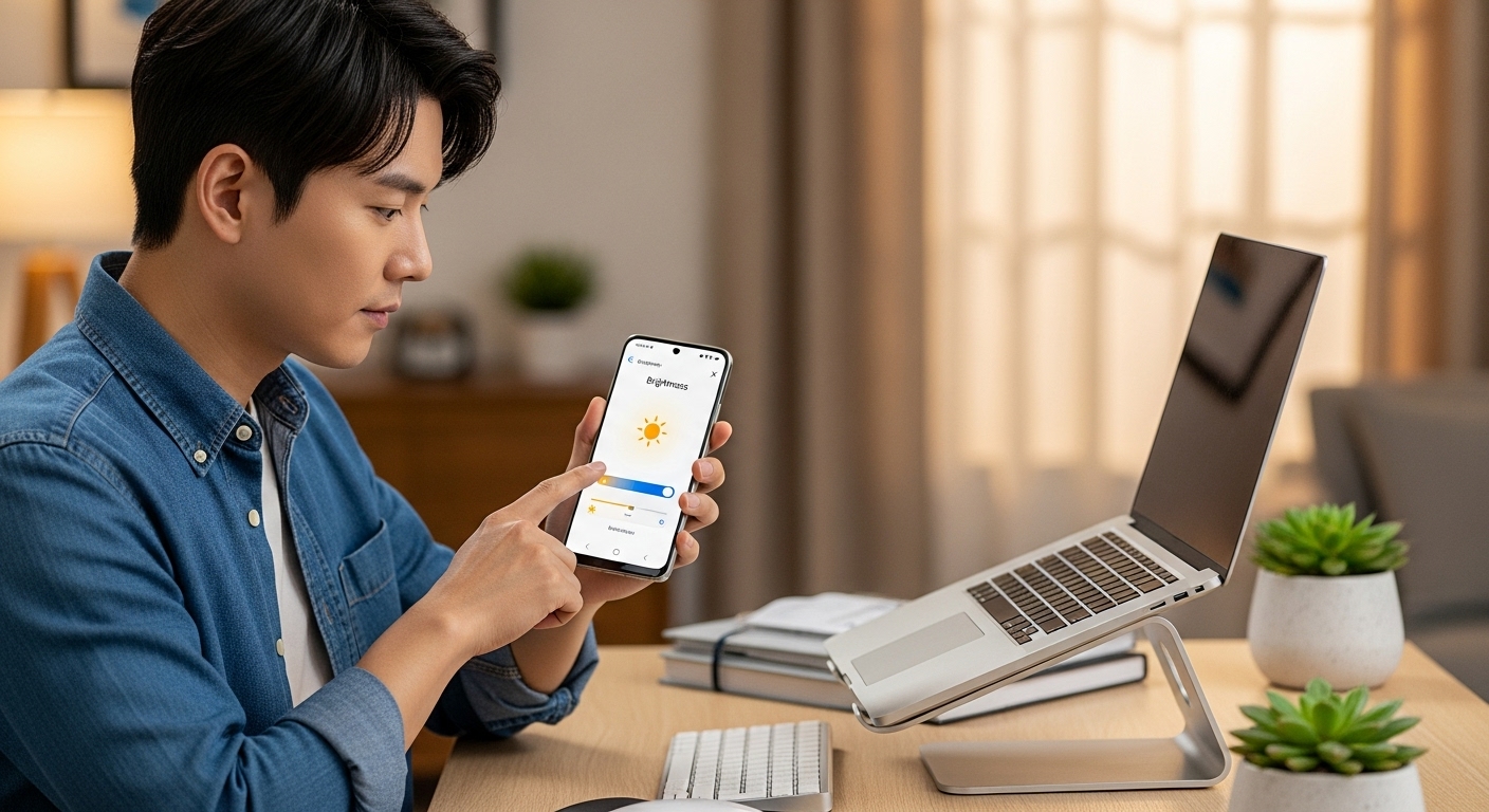 세련된 책상에서 삼성 갤럭시 기기의 동영상 밝기 설정을 조정하는 장면