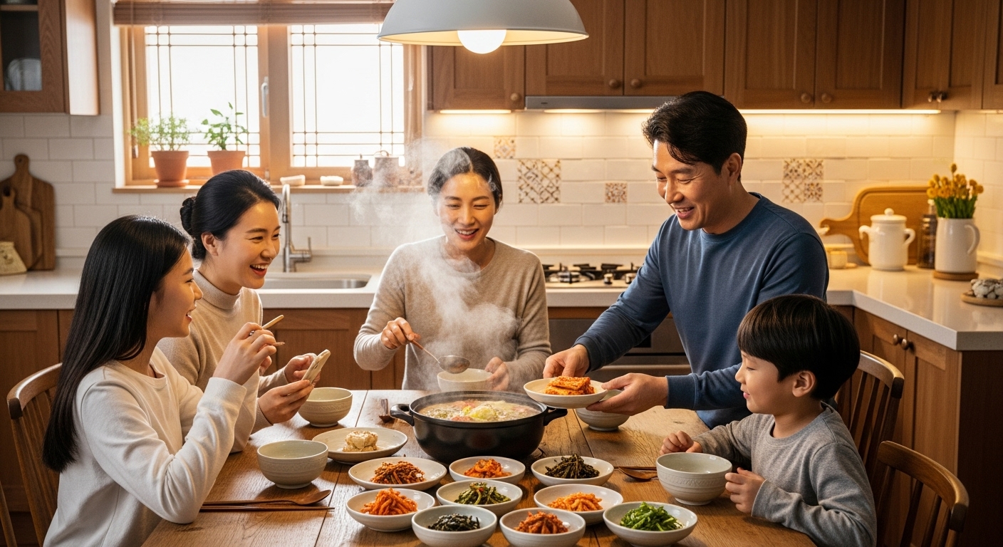 가족들이 집에서 만든 소고기무국을 함께 즐기는 아늑한 주방