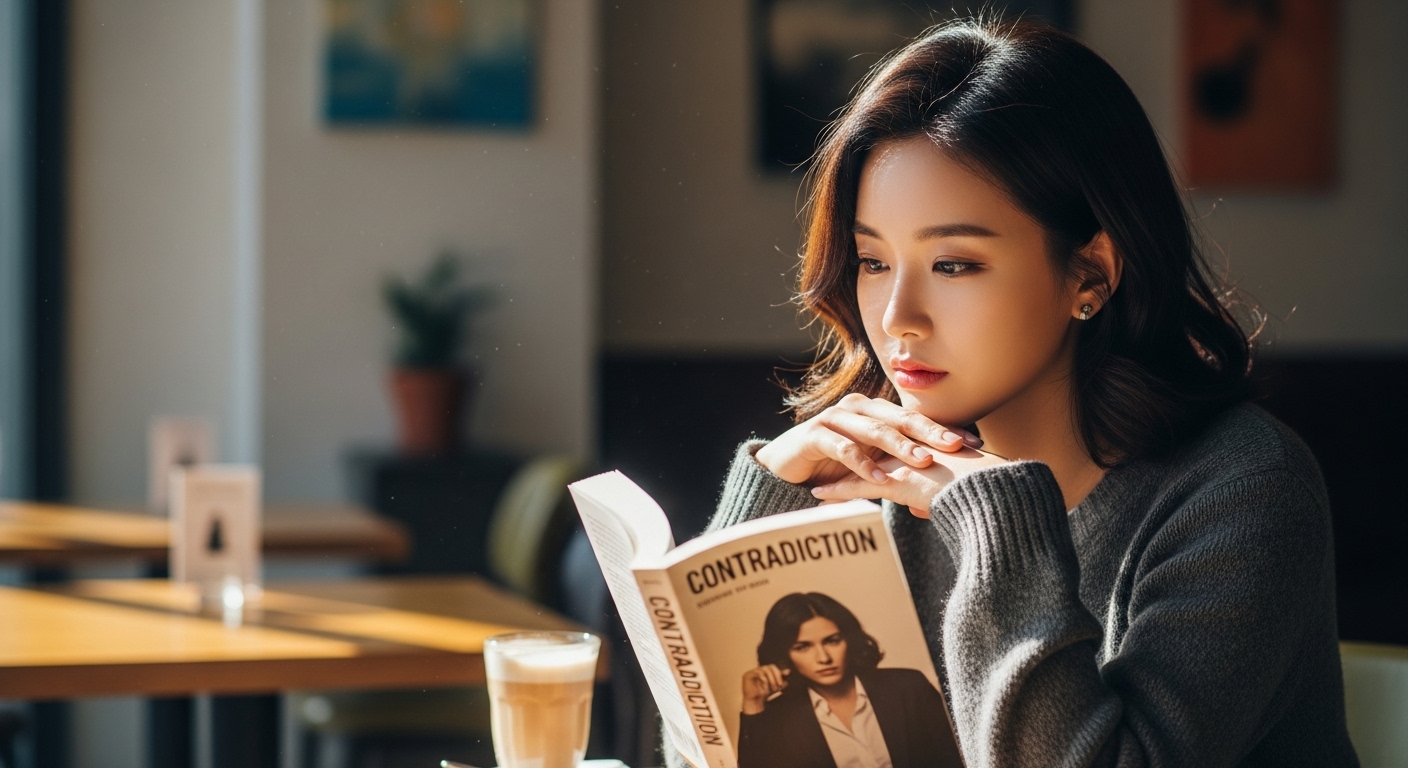 카페에서 양귀자의 '모순'을 읽으며 깊은 생각에 잠긴 젊은 여성