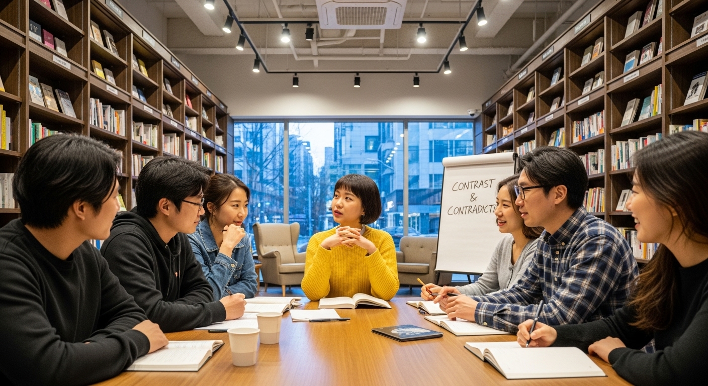 현대적인 서점에서 양귀자의 '모순'에 대해 토론하는 다양한 젊은 사람들