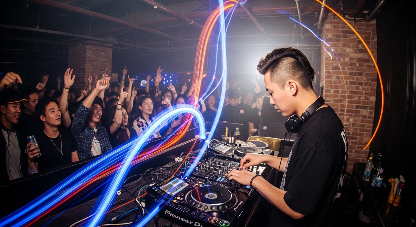 언더그라운드 클럽에서 하우스와 R&B 음악을 믹싱하는 DJ