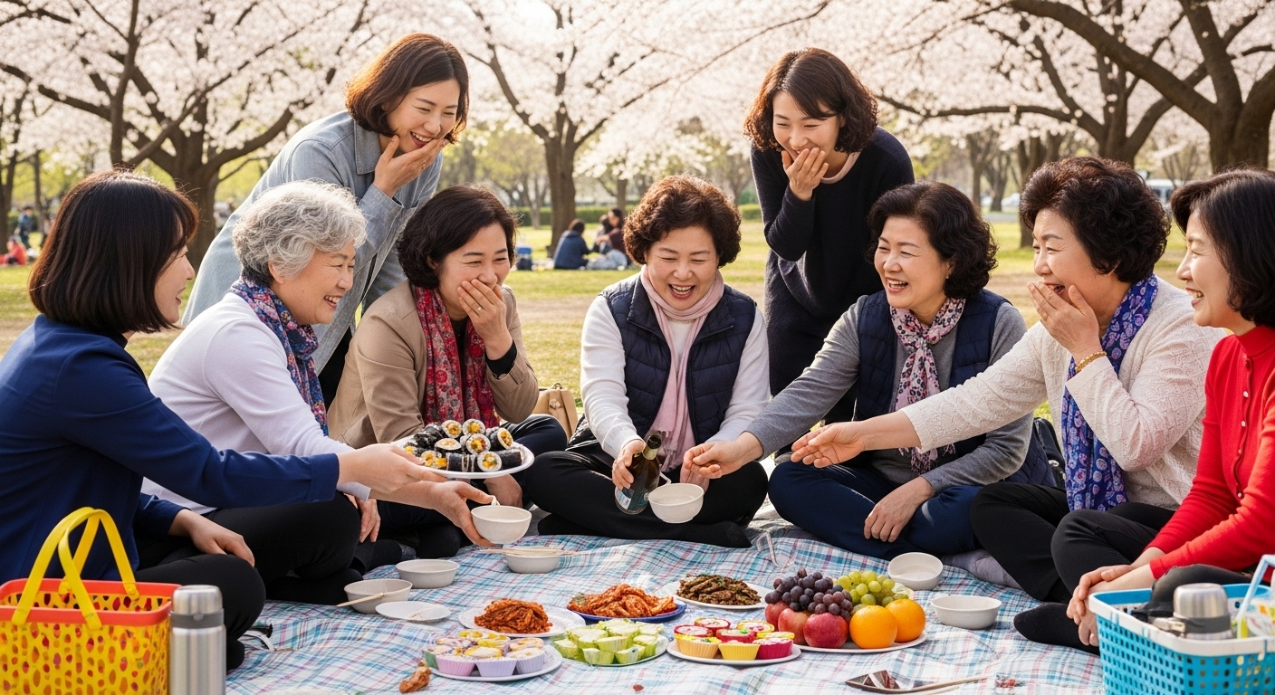 공원에서 피크닉을 즐기며 웃고 이야기 나누는 다양한 연령대의 여성들