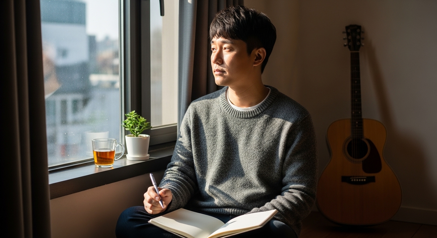 창작 영감을 떠올리며 창가에 앉아있는 뮤지션과 주변 기타와 노트북
