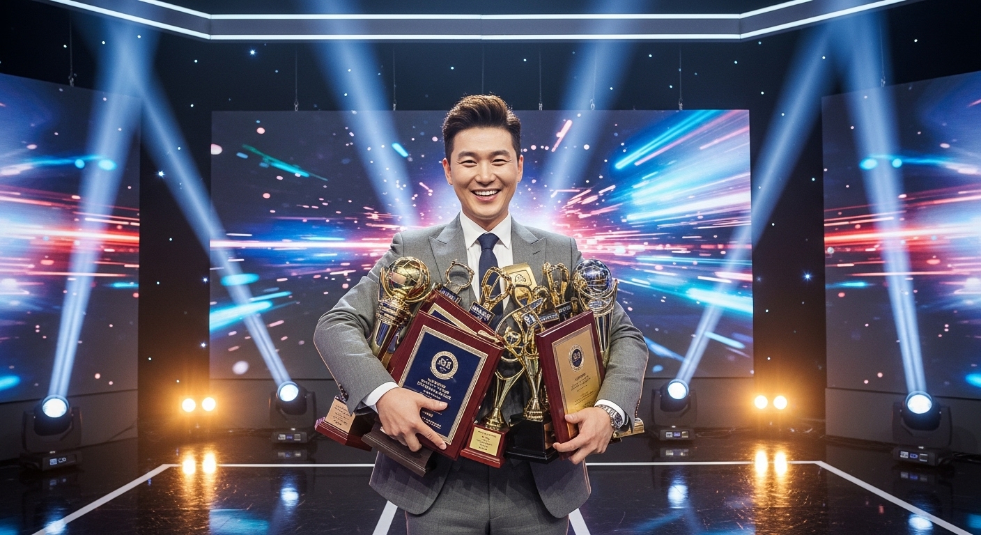 다양한 상을 든 예능 프로그램 진행자의 스튜디오 배경 모습