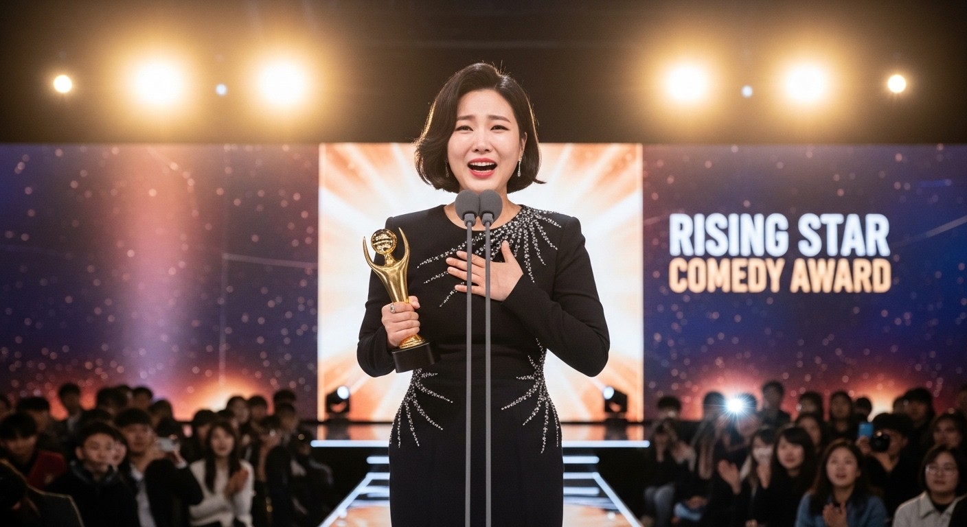 첫 번째 상을 받는 젊은 코미디언이 무대에서 밝게 웃고 있는 장면