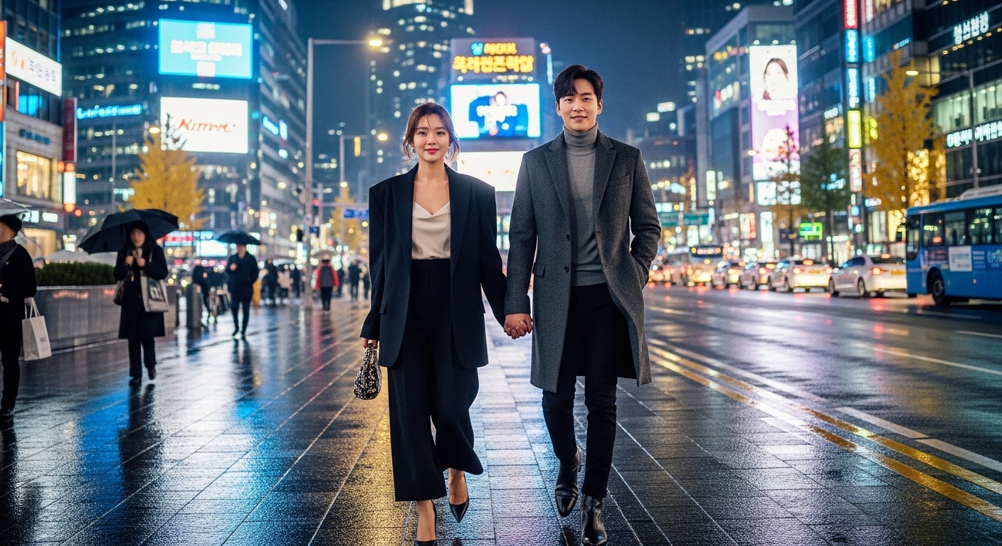 유명한 커플이 서울 도심 속에서 손을 잡고 있는 모습