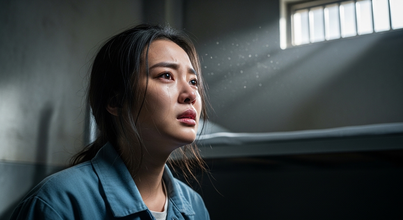 교도소에서 복잡한 감정을 지닌 젊은 여성 캐릭터