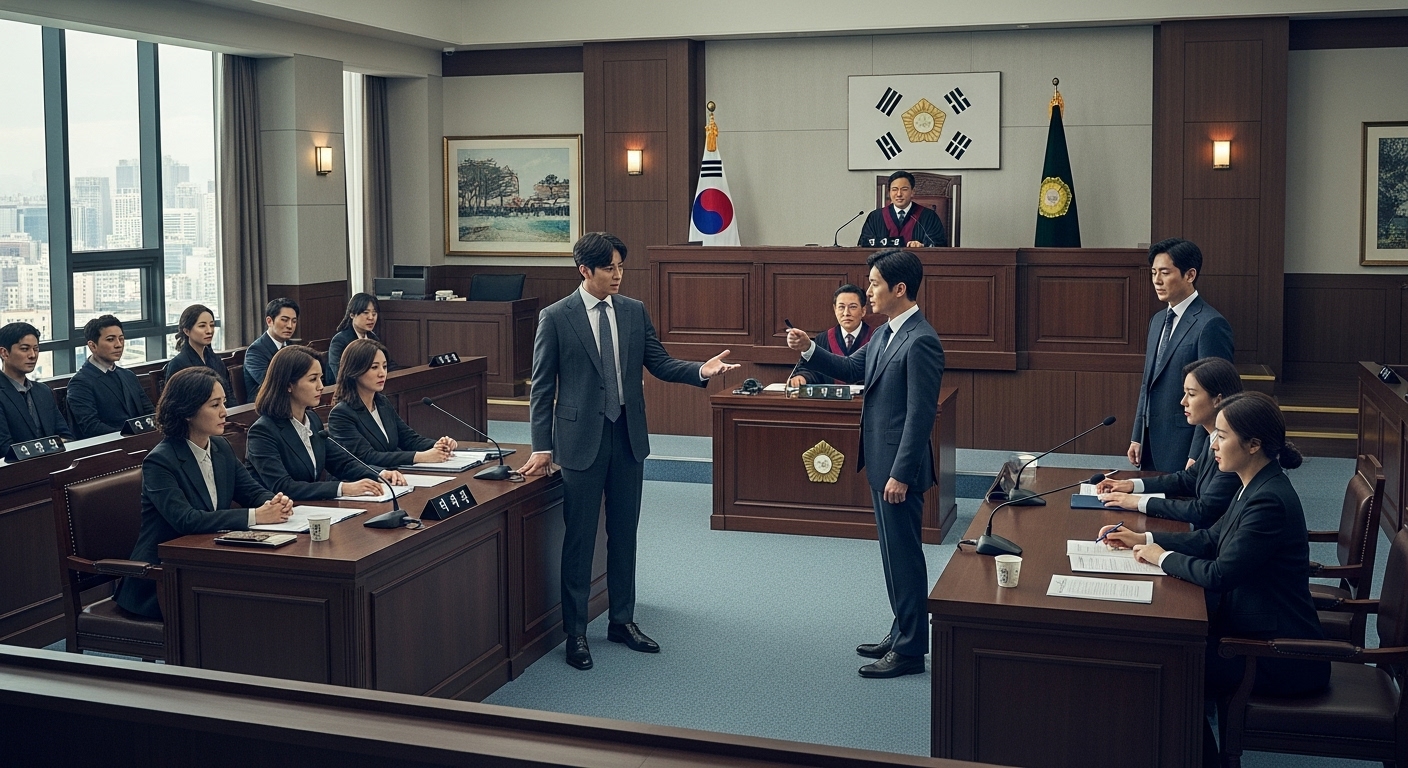 현대 법정에서 다양한 배우들이 심각한 문제를 토론하는 장면