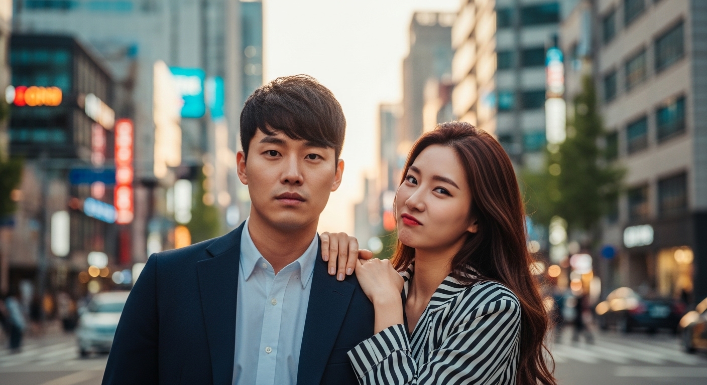 도시 배경에서 진지한 남성과 장난기 있는 여성의 모습