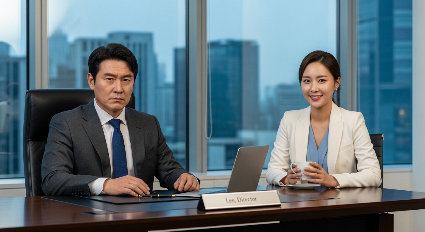 깔끔한 사무실에서 정장을 입고 진지한 표정을 짓는 사업가와 커피를 든 밝은 여성