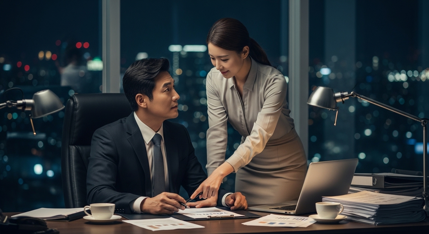 늦은 시간까지 일하는 CEO와 비서 사이에 미묘한 로맨틱 긴장이 흐르는 사무실 장면