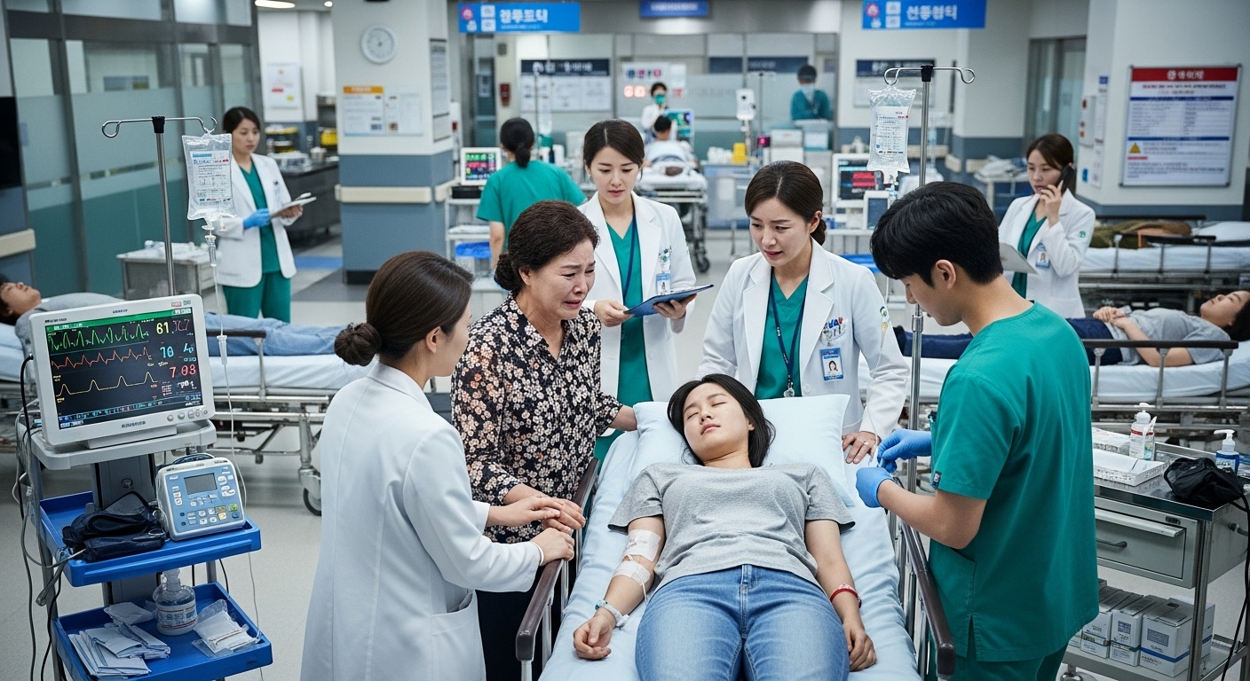 경남 남해 병원 응급실에서 의료진이 긴급히 대처하는 장면