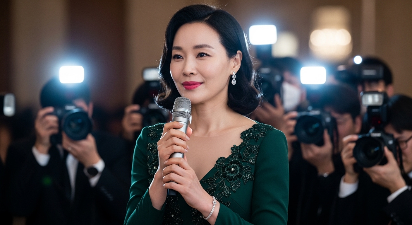 공식 행사에서 우아한 복장을 하고 마이크를 든 여성의 모습