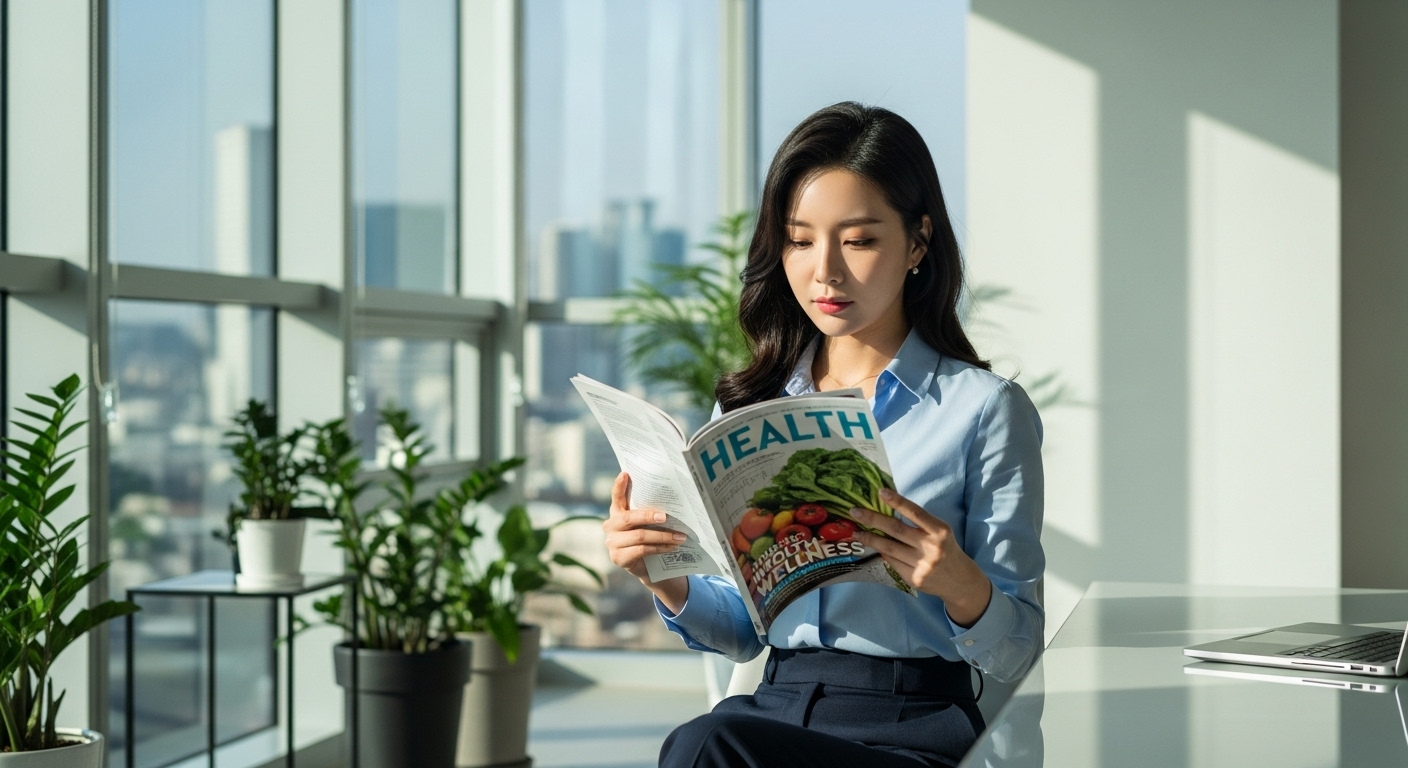 현대식 사무실에서 건강 잡지를 읽고 있는 여성