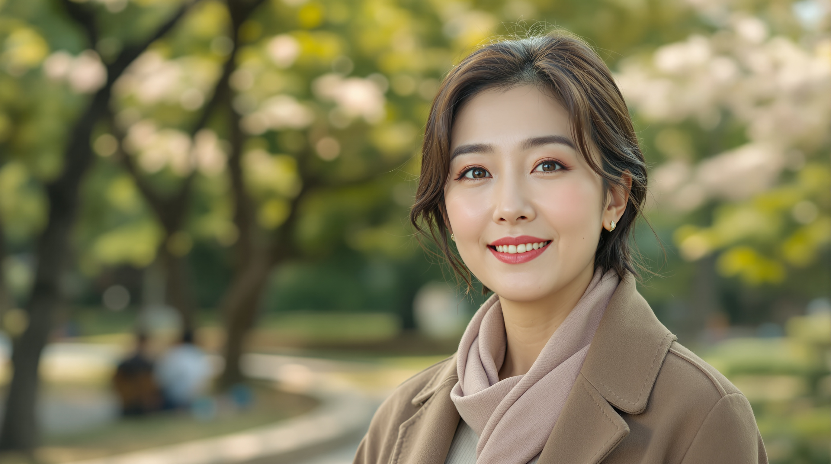 공원에서 자연스럽고 따뜻한 분위기의 중년 여배우 초상화