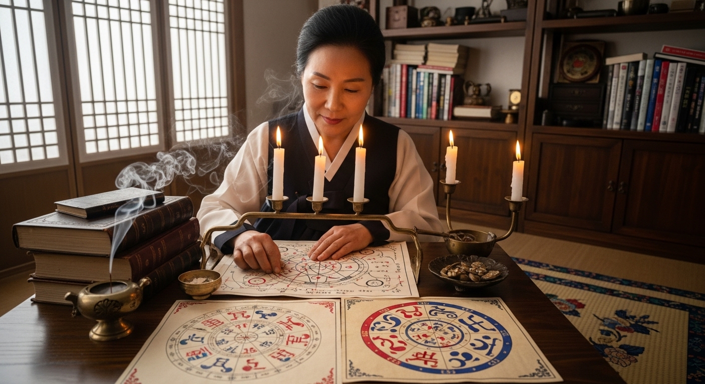 전통 점성술 차트를 검토하는 한국 점술가의 모습