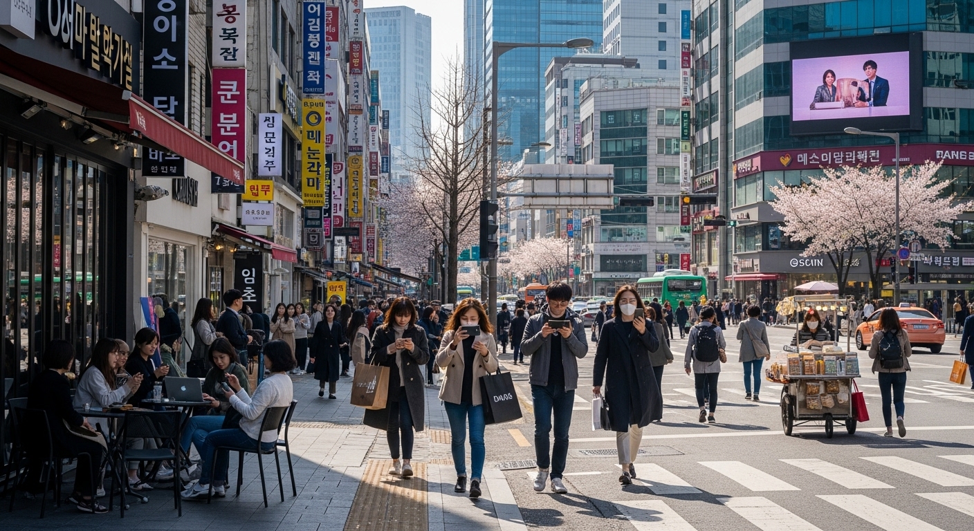 서울 거리에서 다양한 사람들이 활동 중인 활기찬 모습