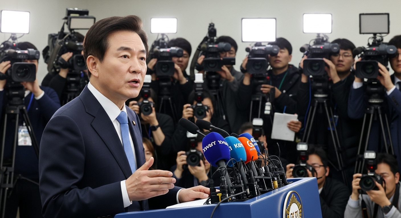 기자회견에서 발언 중인 현대 한국 정치인의 모습