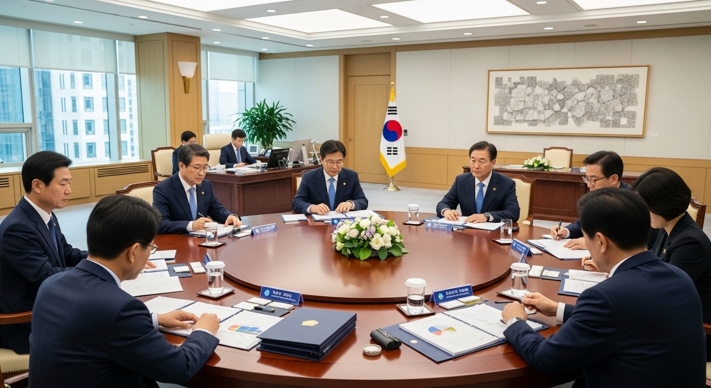 회의 중인 청와대 내부 풍경과 진지한 표정의 관계자들