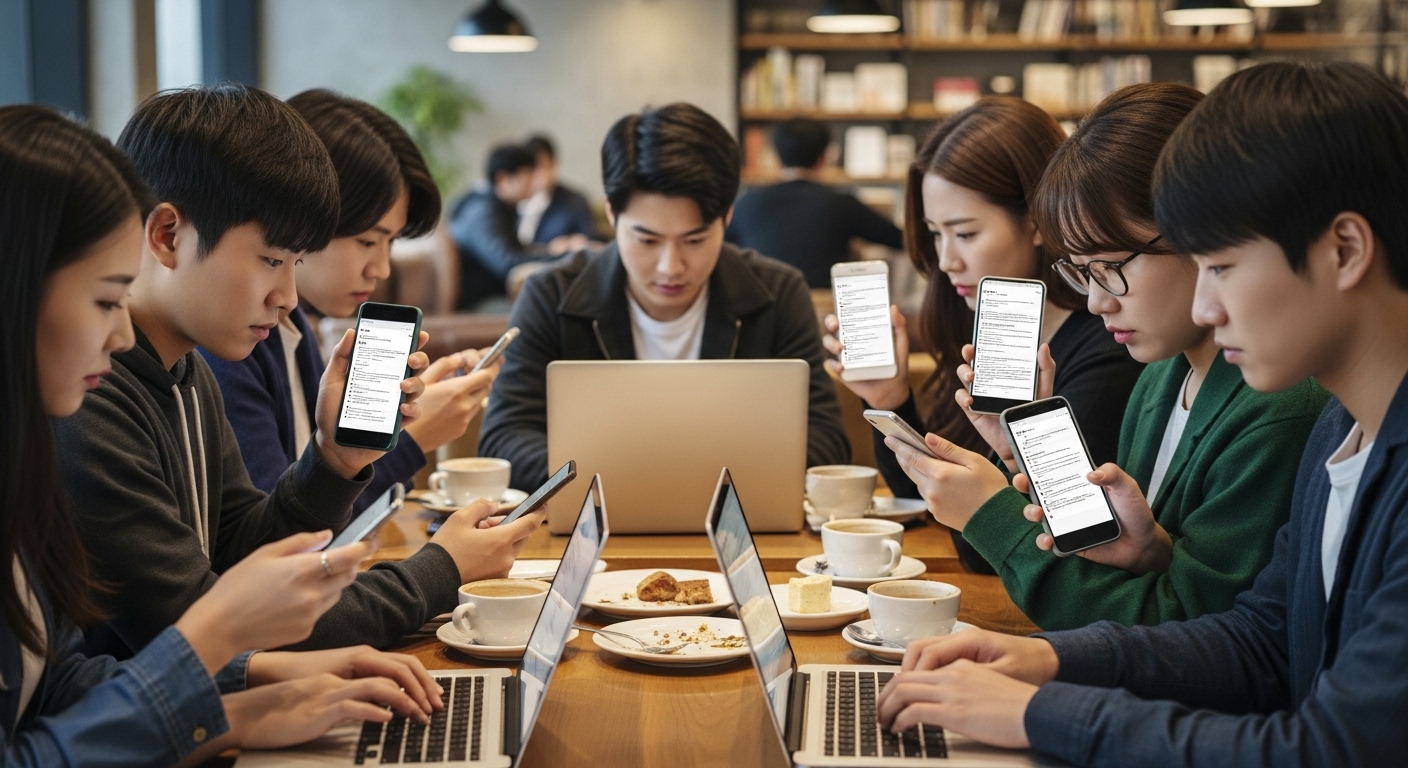 카페에서 스마트폰과 노트북으로 토론하는 젊은 한국 사람들