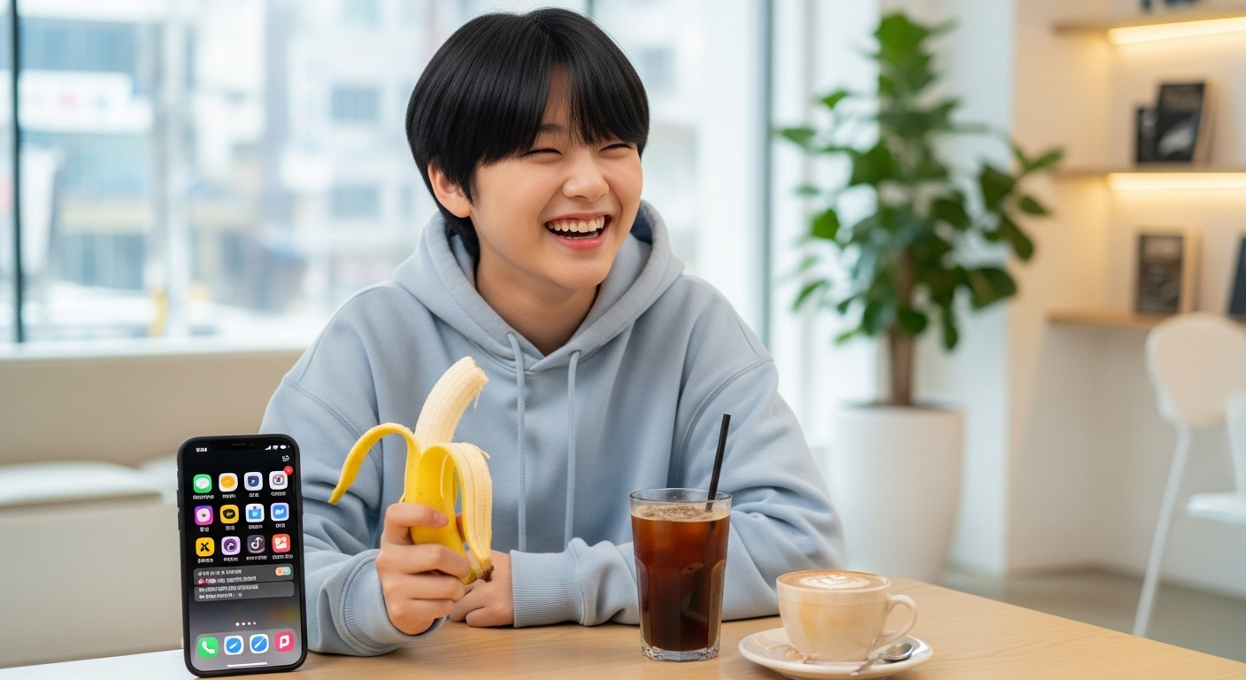 카페에서 바나나를 들고 웃고 있는 현대적인 한국 십대