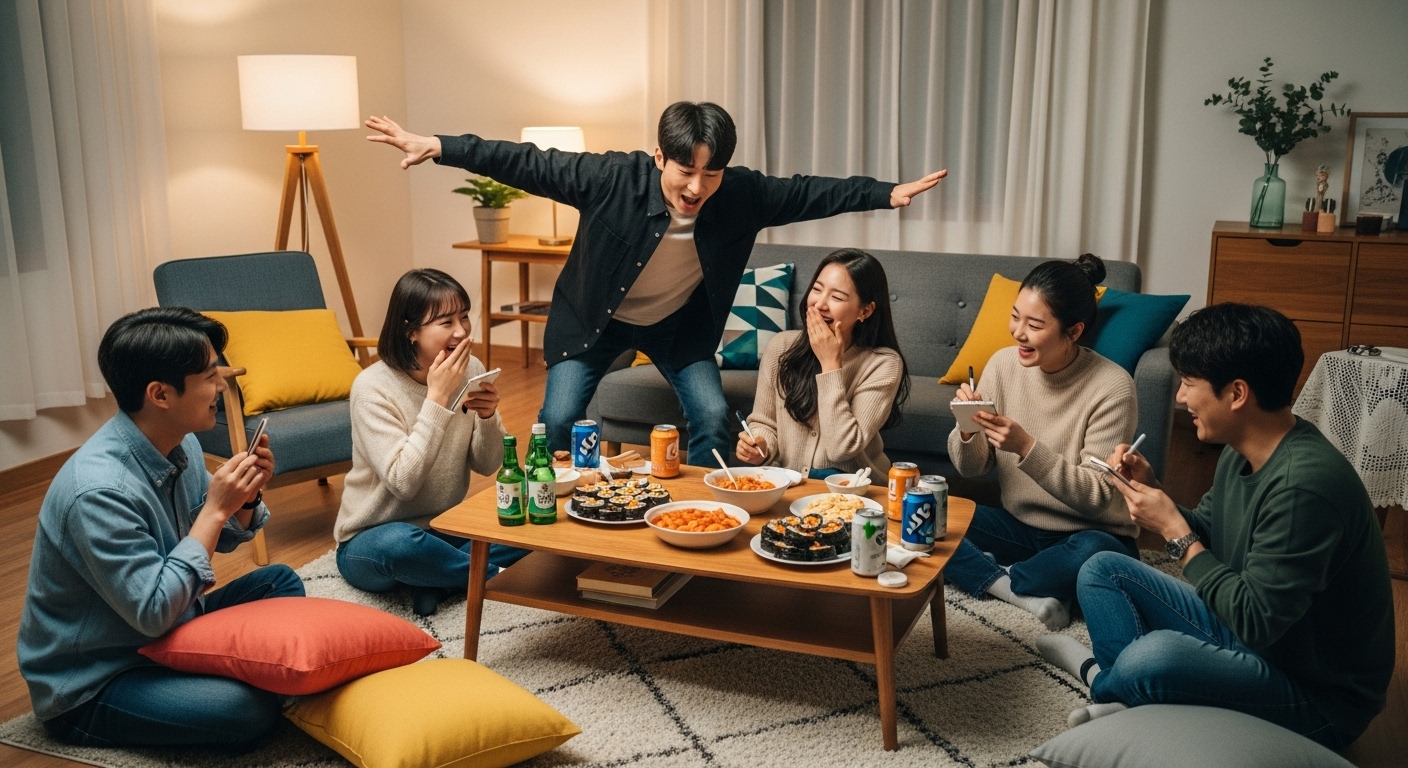 아늑한 거실에서 말장난 퀴즈로 즐거워하는 한국 친구들