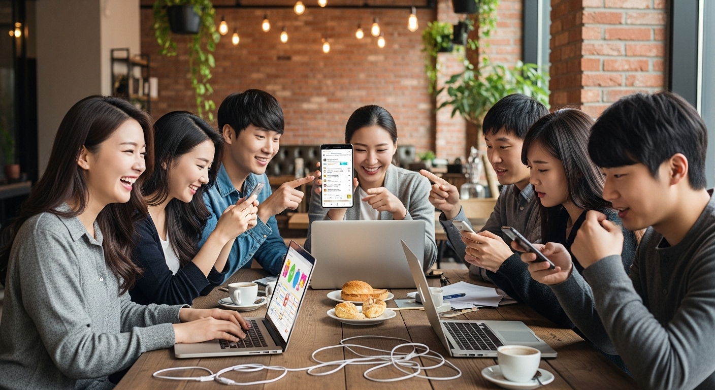 트렌디한 카페에서 노트북과 스마트폰을 사용해 넌센스퀴즈를 만드는 젊은 한국 성인들
