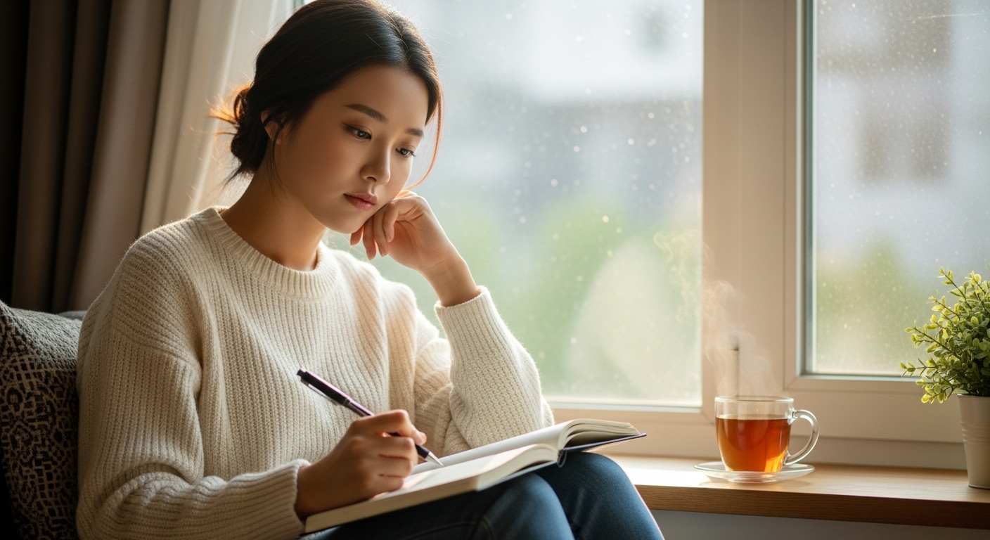 창가에서 차를 옆에 두고 일기를 쓰며 사색에 잠긴 젊은 여성