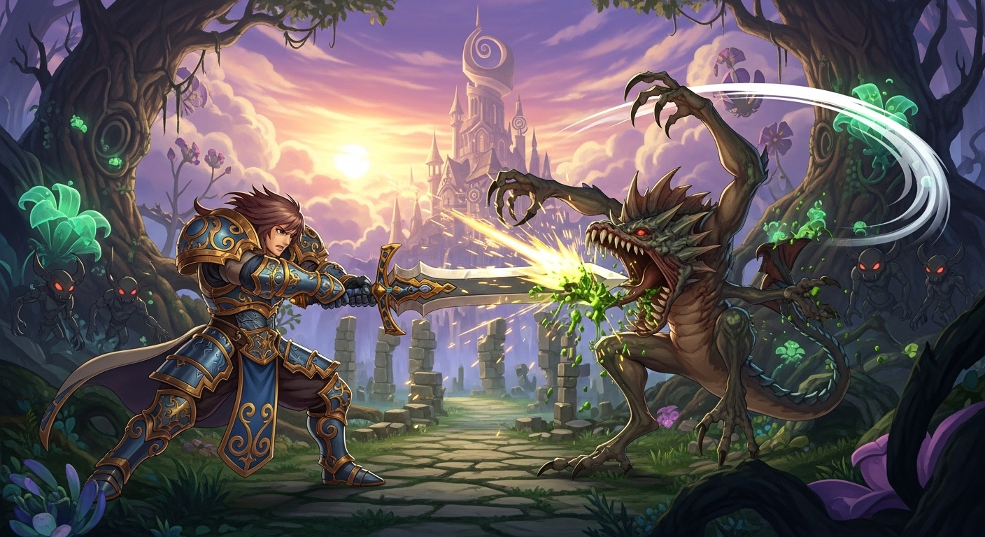오딘스피어나 드래곤즈 크라운을 연상시키는 화려한 판타지 액션 RPG 전투 장면