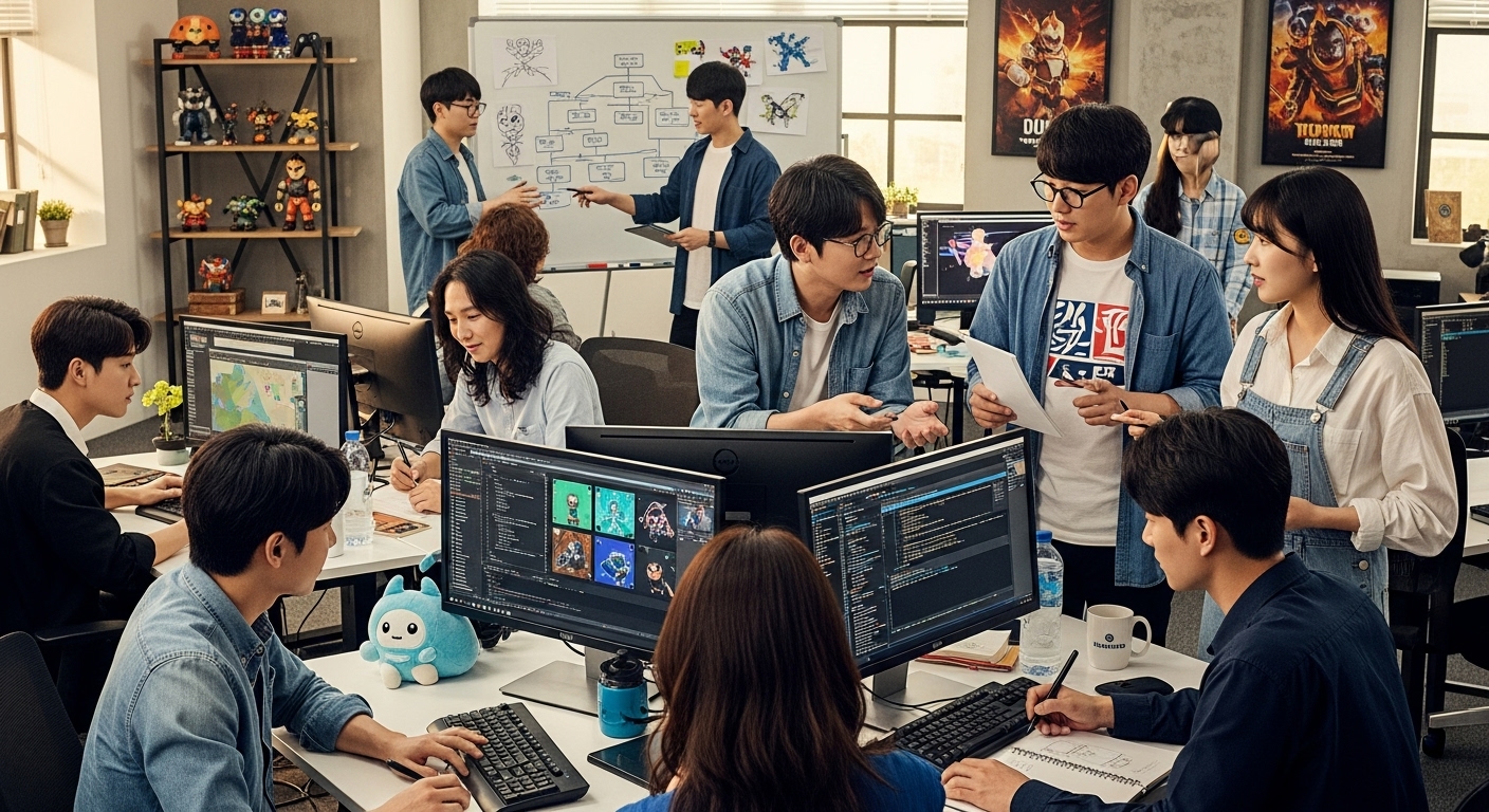 게임 개발에 집중하는 다양한 분야의 젊은 전문가들이 모인 사무실 환경