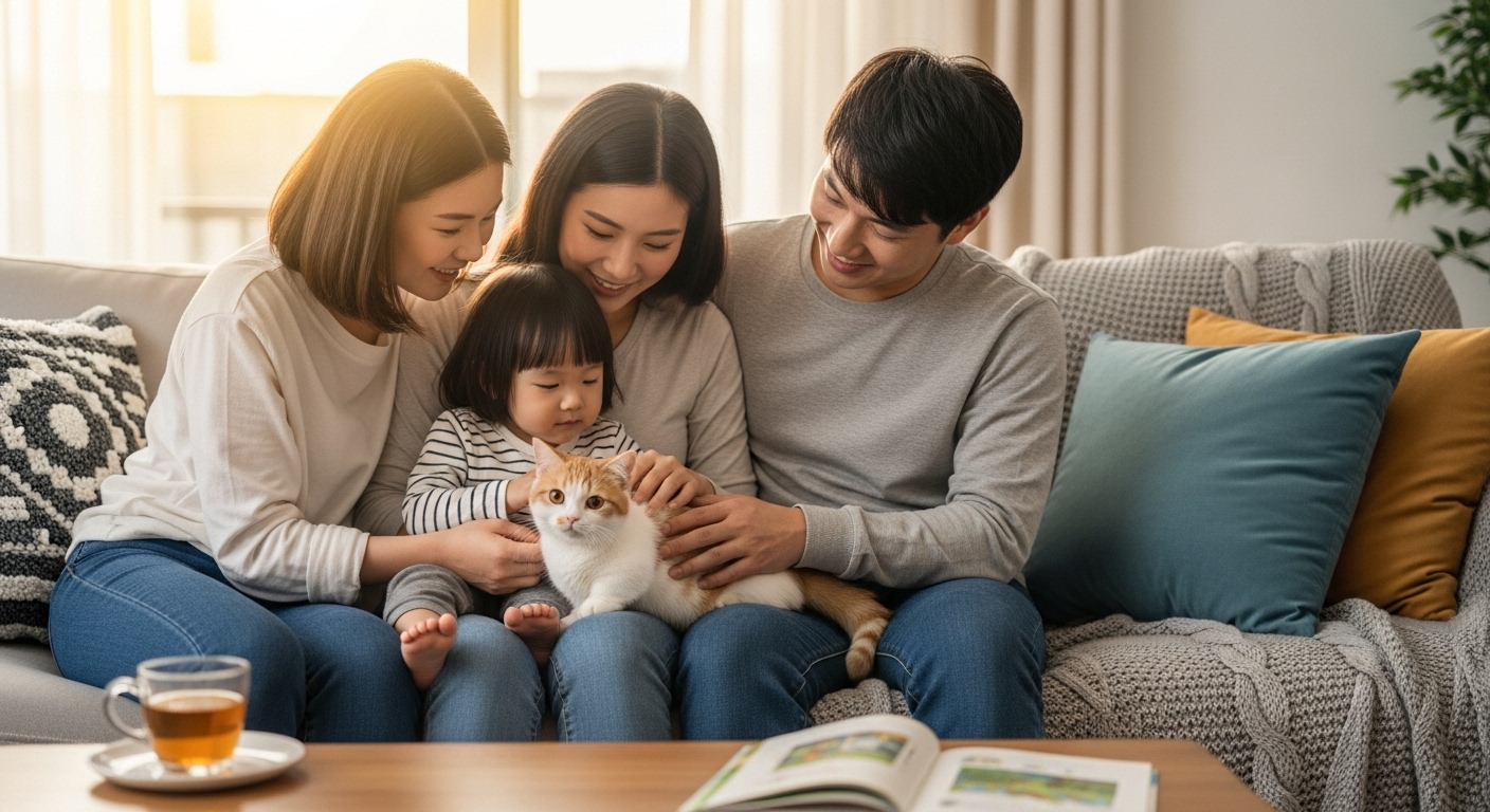 젊은 가족과 소파에 앉아 있는 사랑스러운 먼치킨 고양이