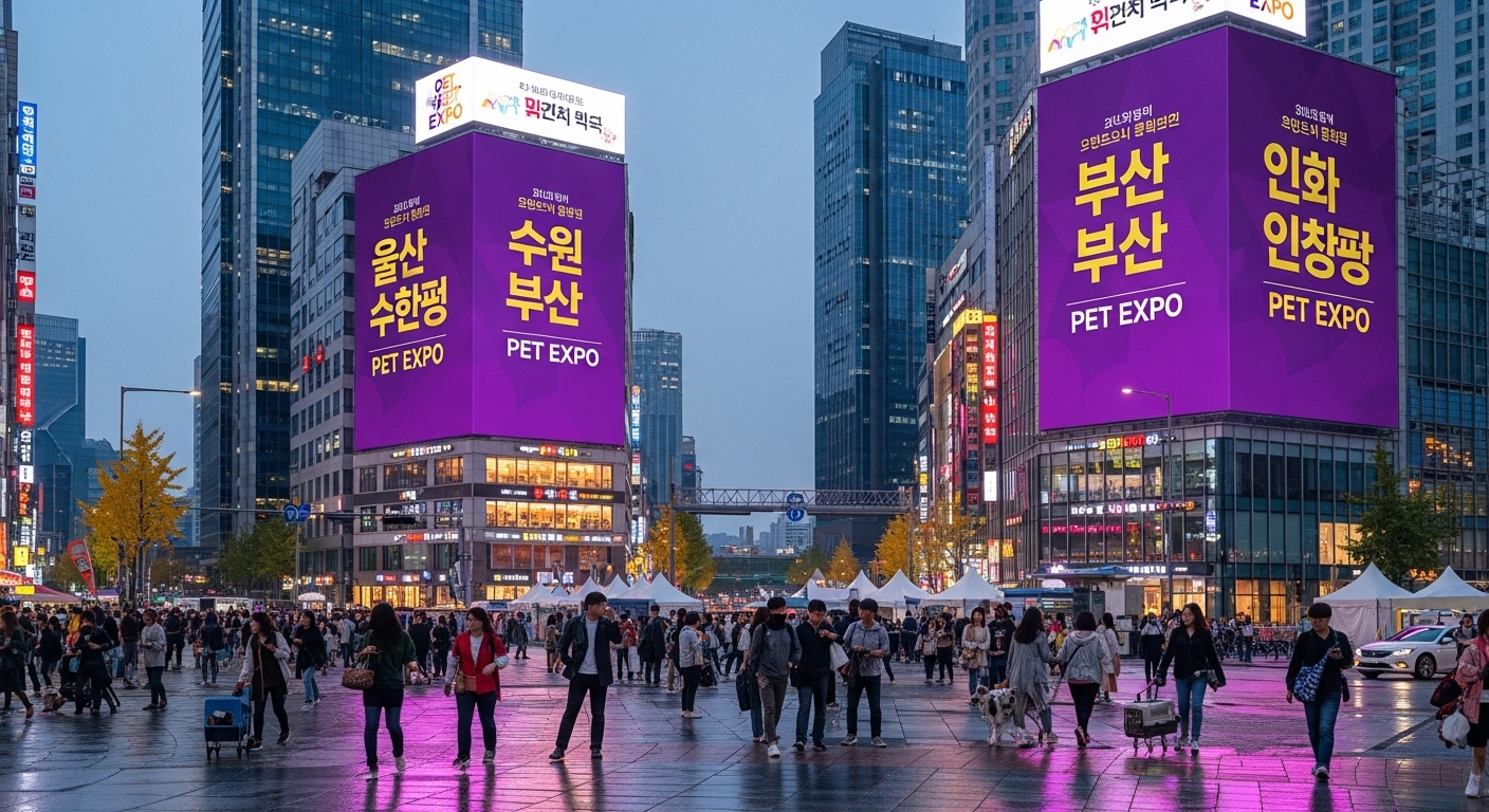 울산, 수원, 부산, 인천에서 열릴 예정인 박람회를 알리는 대형 배너가 걸린 도시 풍경
