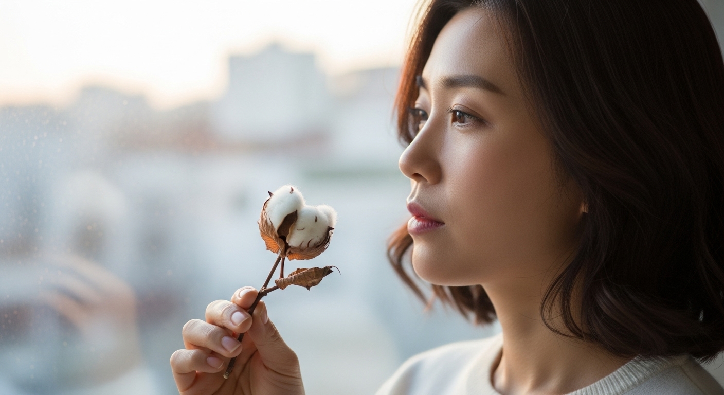 창가에서 손에 든 목화를 보며 생각에 잠긴 여성의 모습
